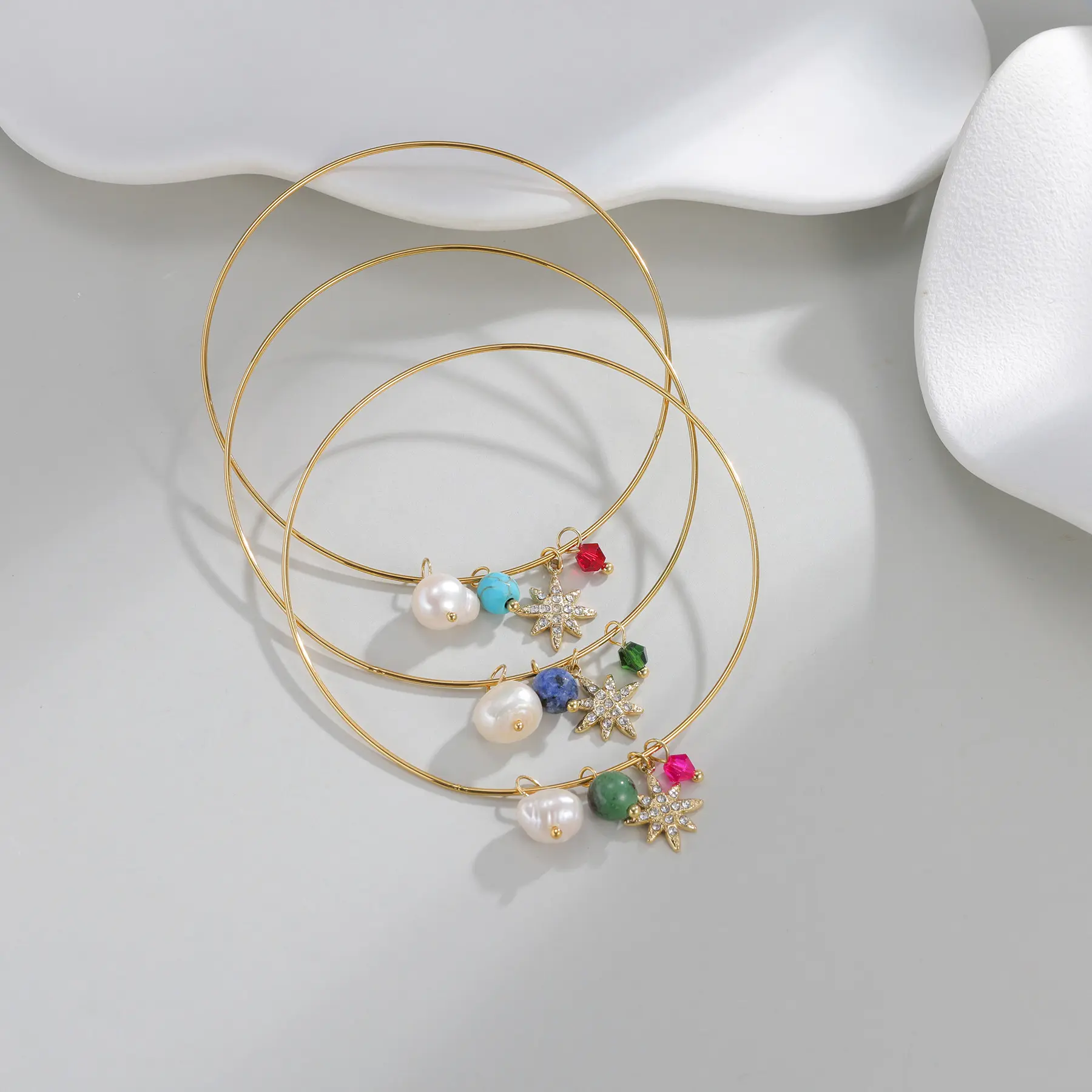 Freeteeme Various Styles Bangles for Women Men Stainless Steel Sparkling Zircon Cross Star Colorful Bead Charms Bracelet Gifts