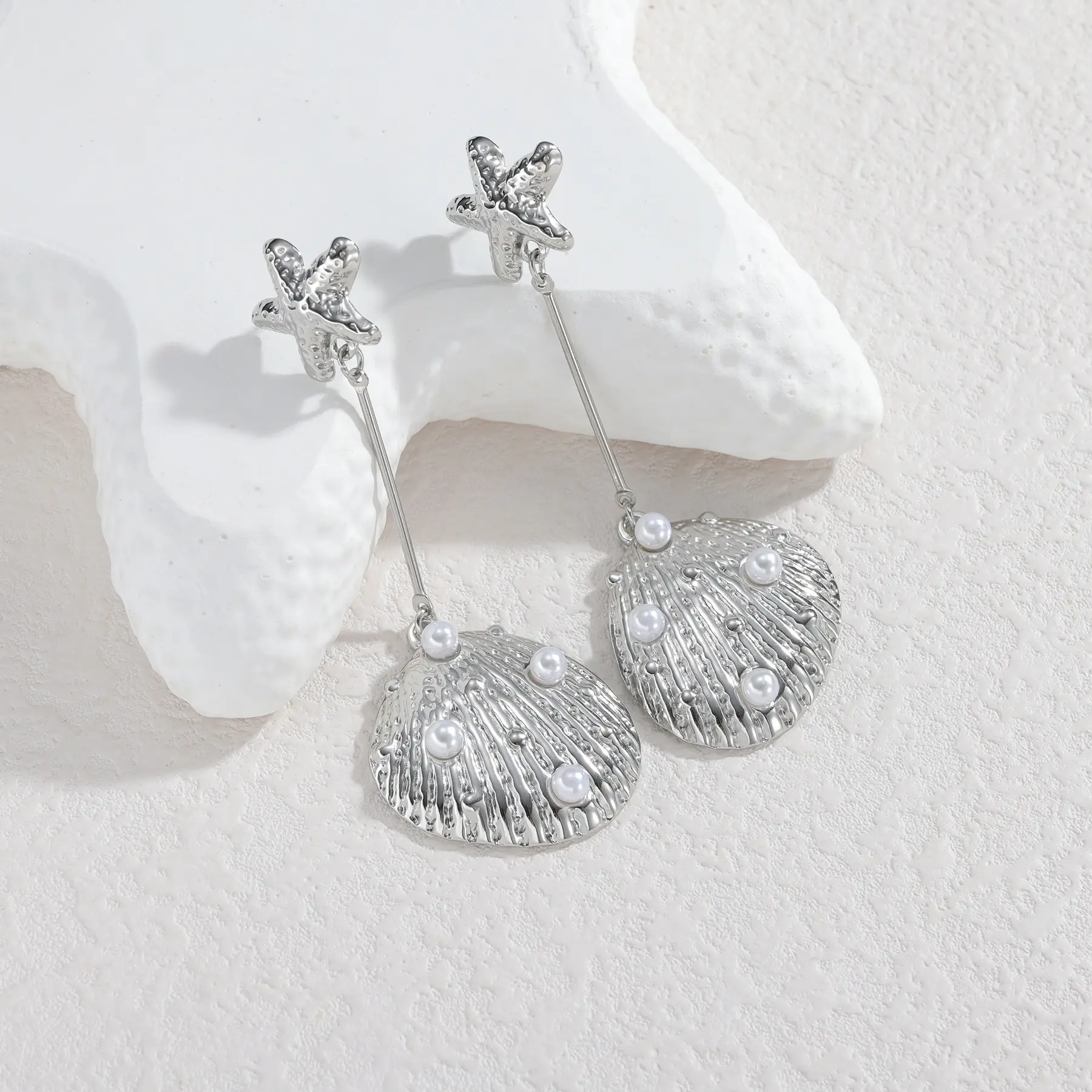 Freeteeme Starfish Shell Inlaid Imitation Pearls Earrings for Women Stainless Steel Ocean Series Dangle Earrings Jewelry Gifts