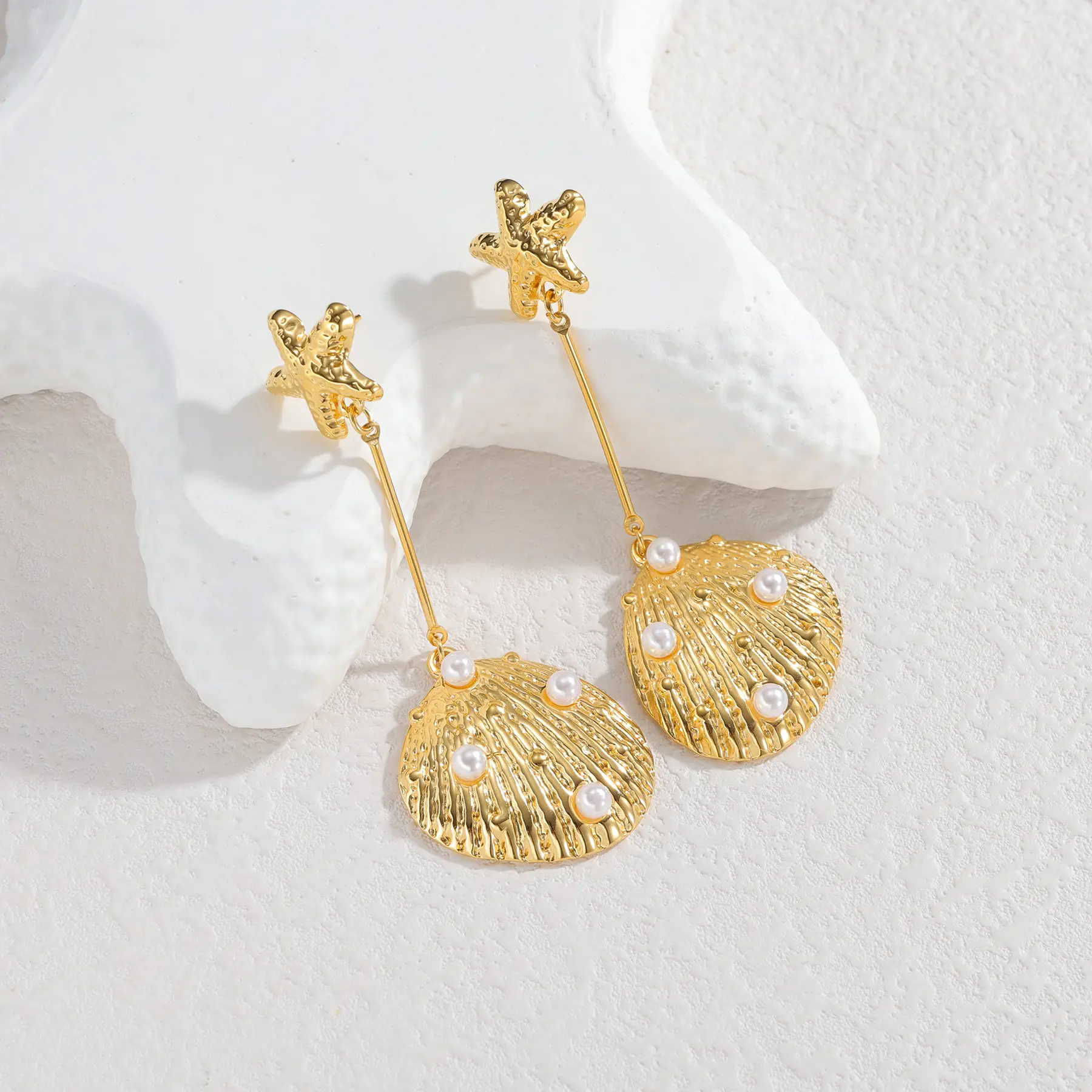 Freeteeme Starfish Shell Inlaid Imitation Pearls Earrings for Women Stainless Steel Ocean Series Dangle Earrings Jewelry Gifts
