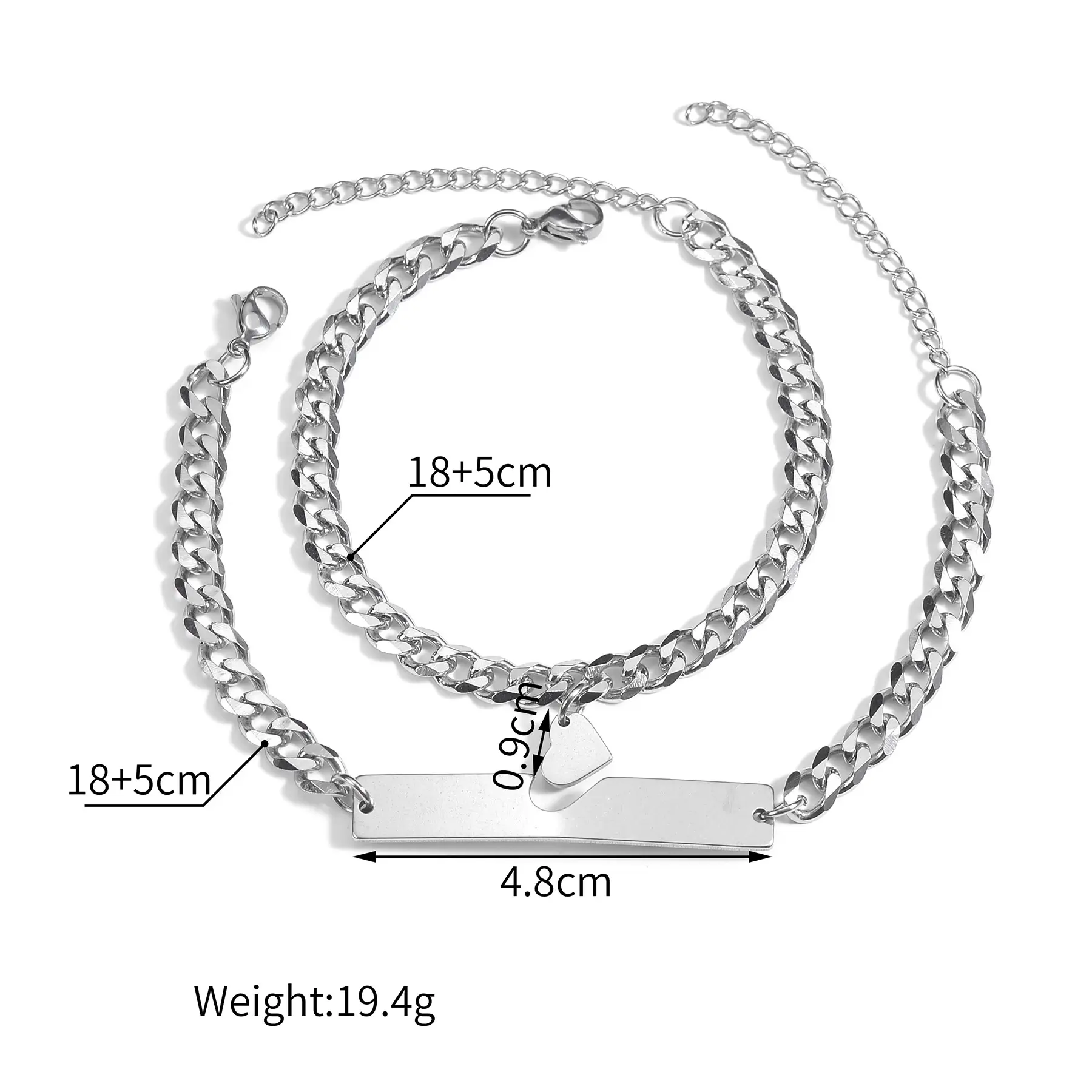 Freeteeme Simple Couple Bracelet Set for Women Stainless Steel Silver Color Geometric Heart 2pcs Bracelet Men Jewelry Lover Gift