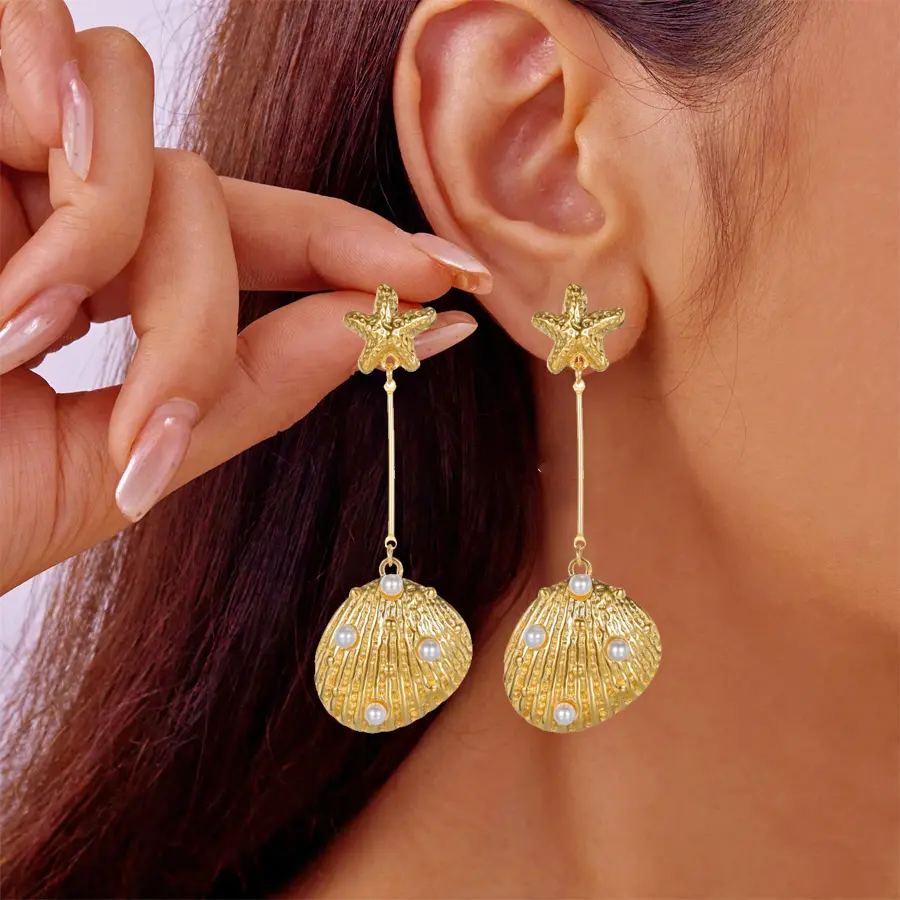 Freeteeme Starfish Shell Inlaid Imitation Pearls Earrings for Women Stainless Steel Ocean Series Dangle Earrings Jewelry Gifts