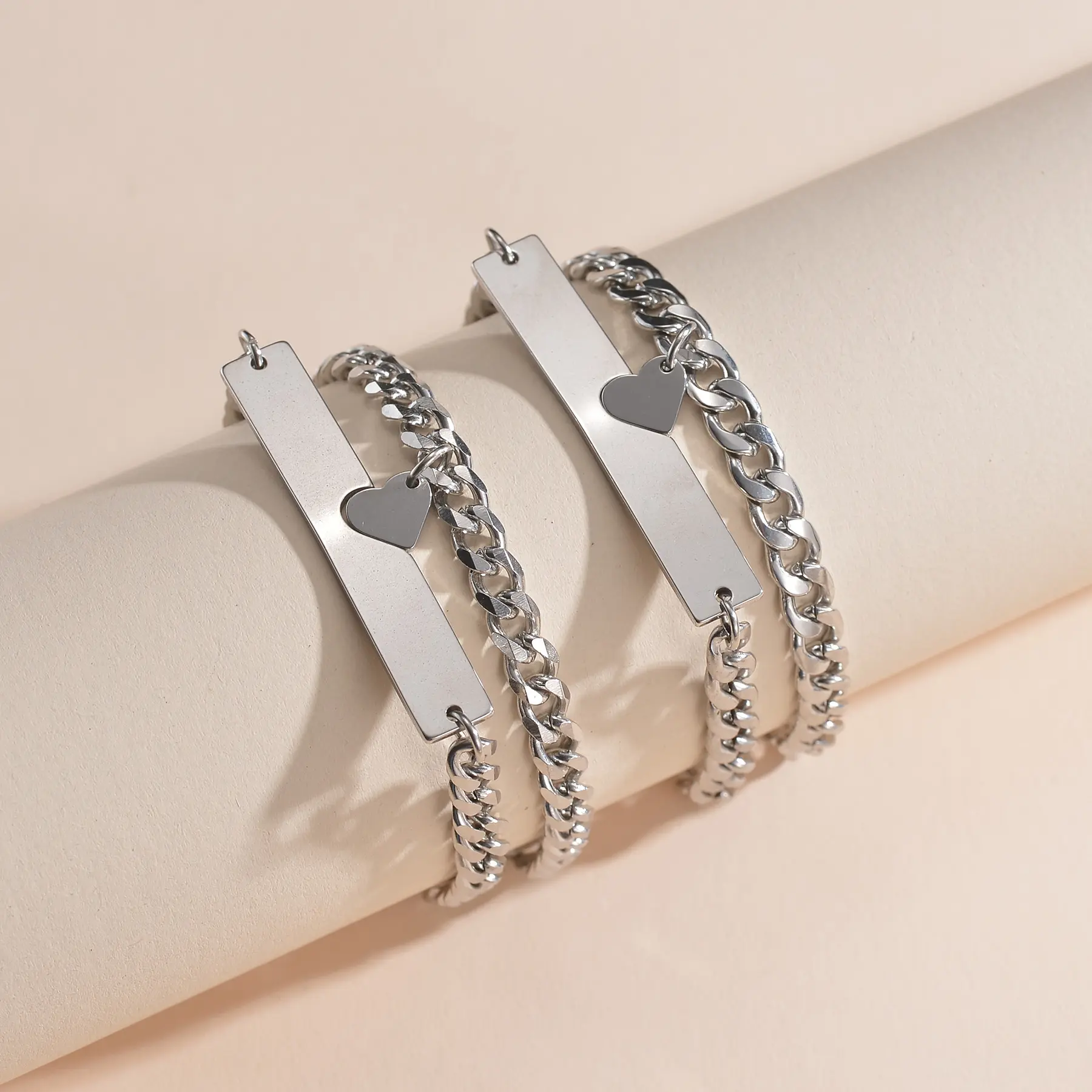 Freeteeme Simple Couple Bracelet Set for Women Stainless Steel Silver Color Geometric Heart 2pcs Bracelet Men Jewelry Lover Gift