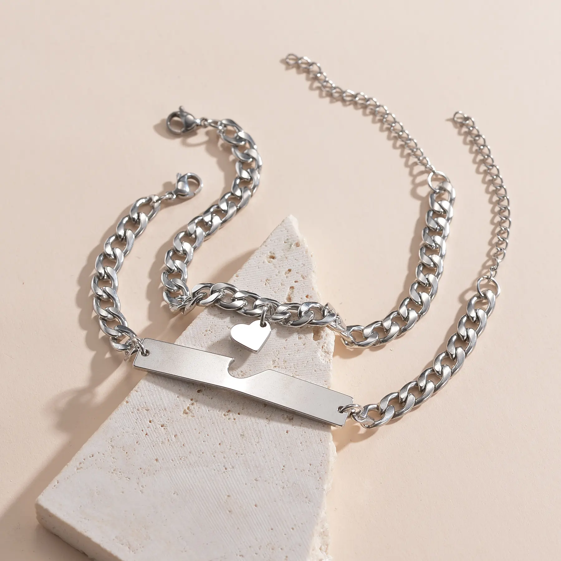 Freeteeme Simple Couple Bracelet Set for Women Stainless Steel Silver Color Geometric Heart 2pcs Bracelet Men Jewelry Lover Gift