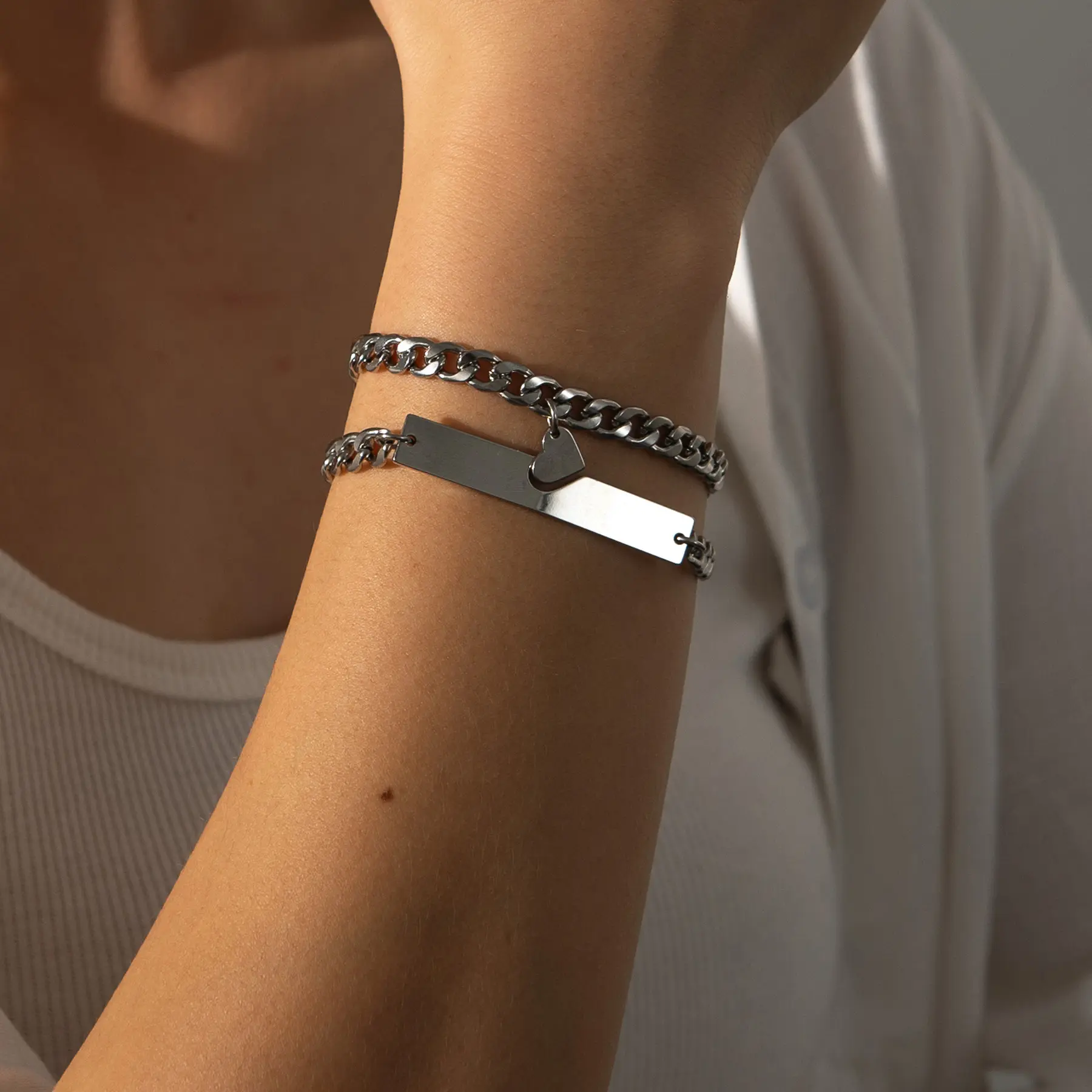 Freeteeme Simple Couple Bracelet Set for Women Stainless Steel Silver Color Geometric Heart 2pcs Bracelet Men Jewelry Lover Gift