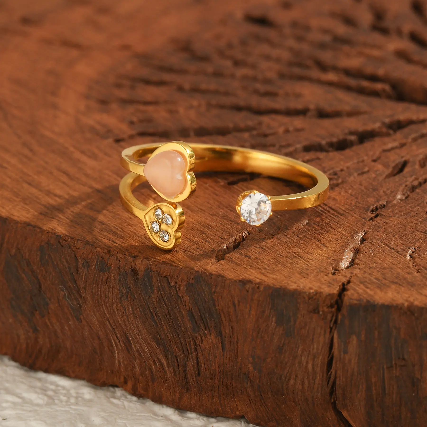 Freeteeme Trendy Doubel Heart Zircon Rings for Women Stainless Steel Gold Plated Open Ring Couple Jewelry Birthday Wedding Gift