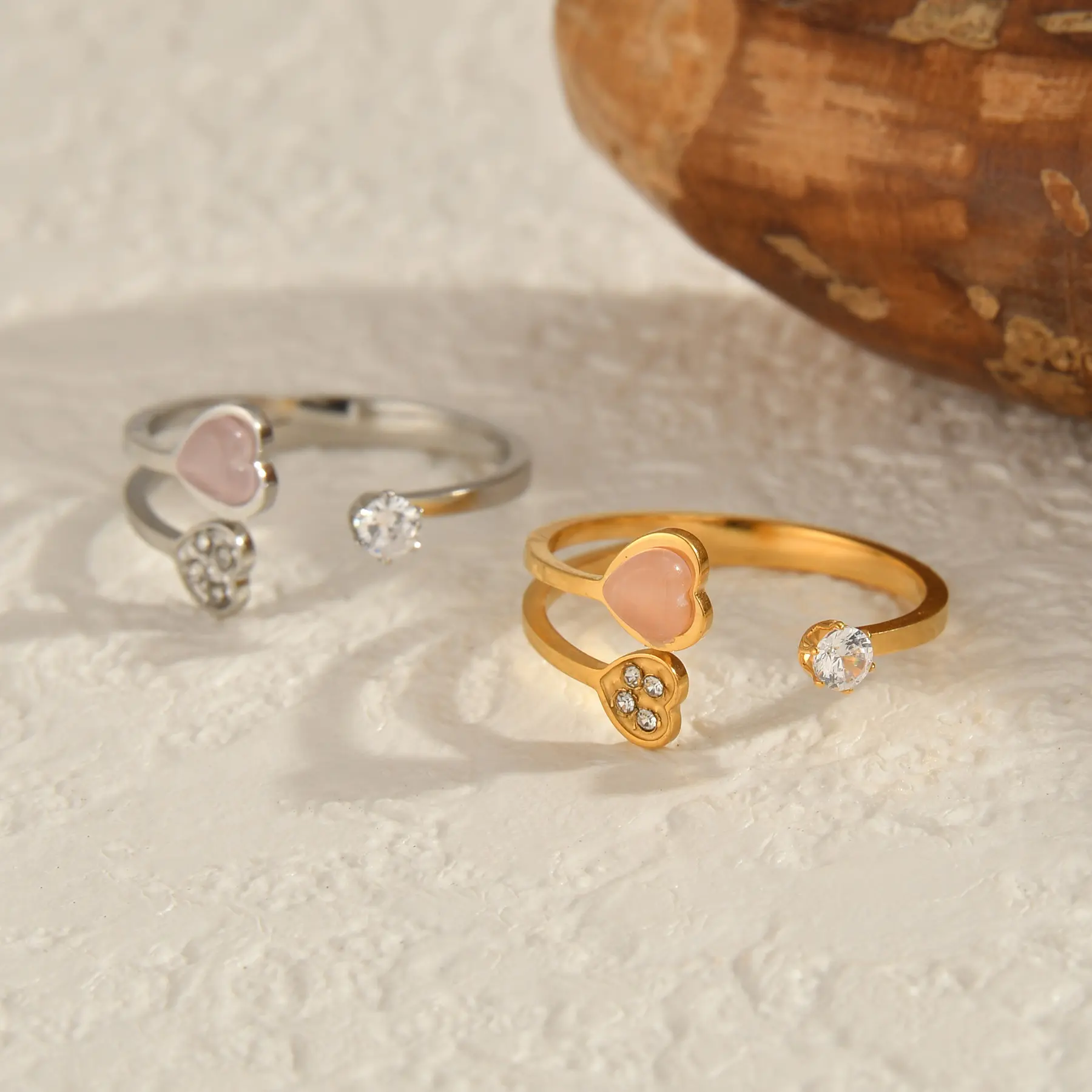 Freeteeme Trendy Doubel Heart Zircon Rings for Women Stainless Steel Gold Plated Open Ring Couple Jewelry Birthday Wedding Gift