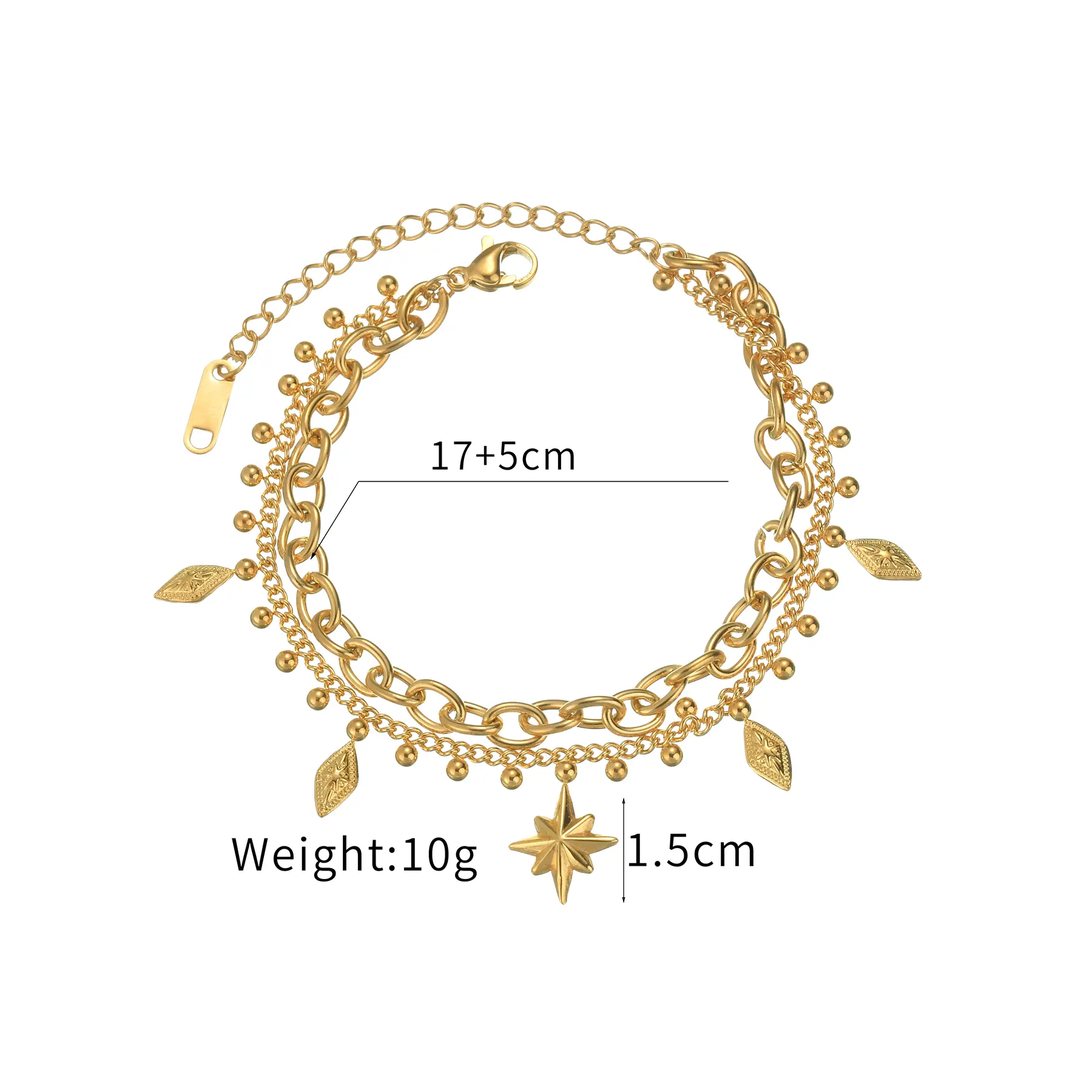 Freeteeme Popular Double Layer Bracelet for Women Geometric Octagonal Star Thick Chain Gold Color Bracelets Party Gift Jewelry