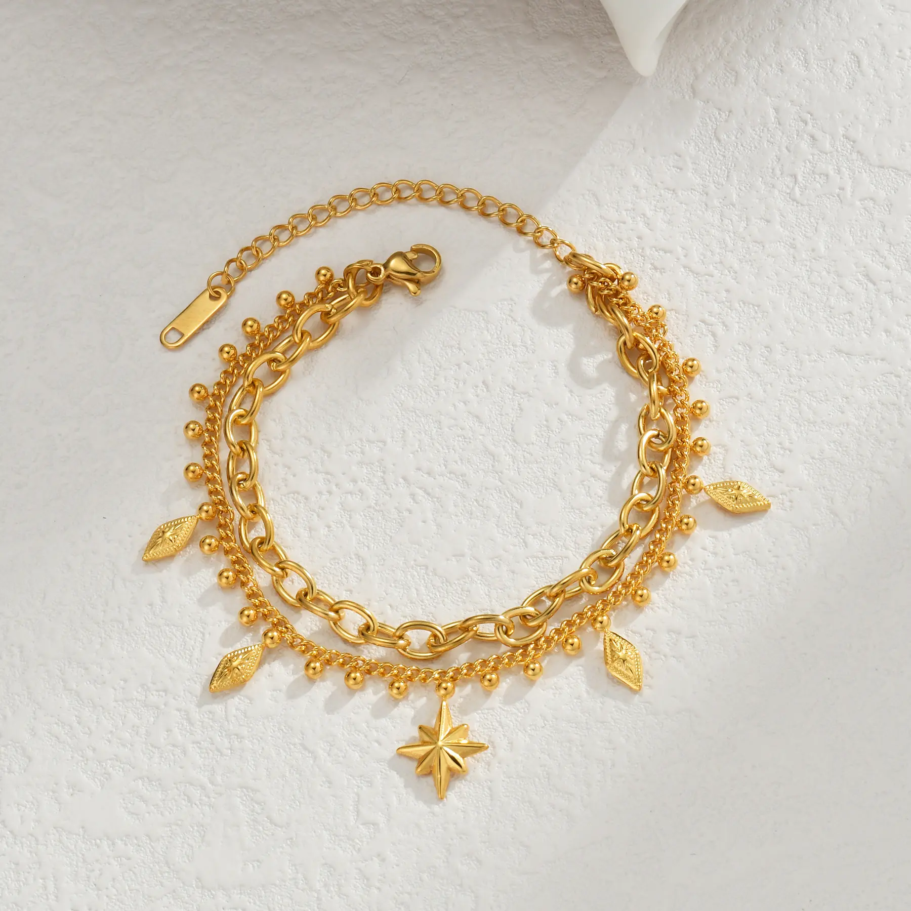 Freeteeme Popular Double Layer Bracelet for Women Geometric Octagonal Star Thick Chain Gold Color Bracelets Party Gift Jewelry