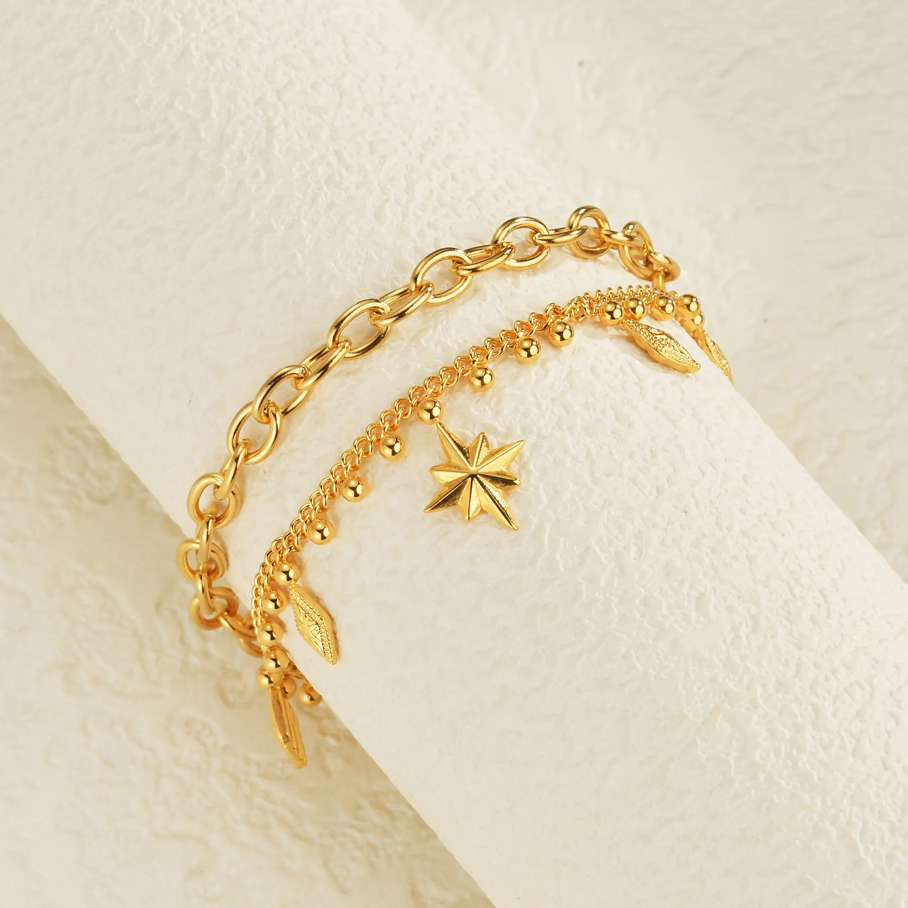 Freeteeme Popular Double Layer Bracelet for Women Geometric Octagonal Star Thick Chain Gold Color Bracelets Party Gift Jewelry