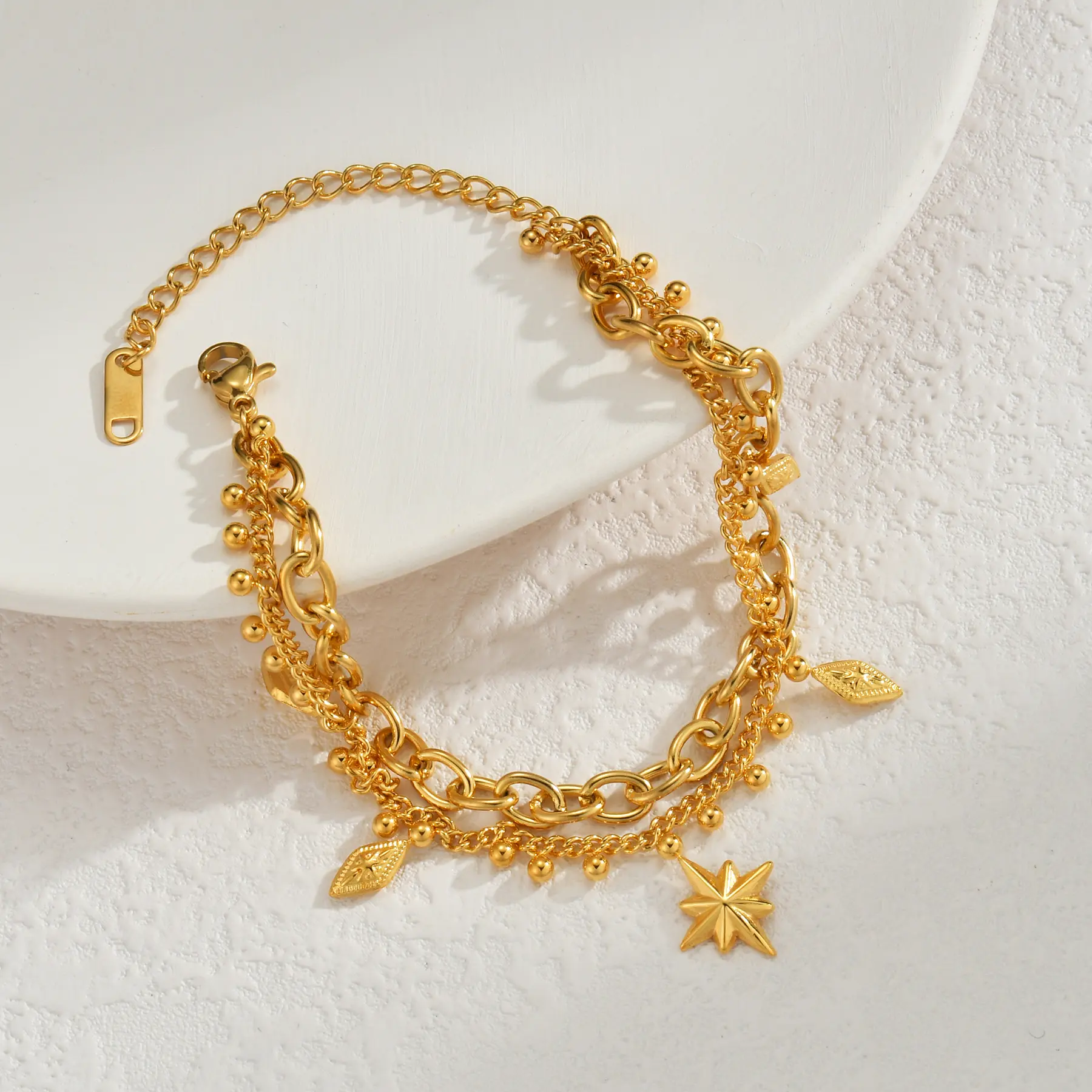 Freeteeme Popular Double Layer Bracelet for Women Geometric Octagonal Star Thick Chain Gold Color Bracelets Party Gift Jewelry