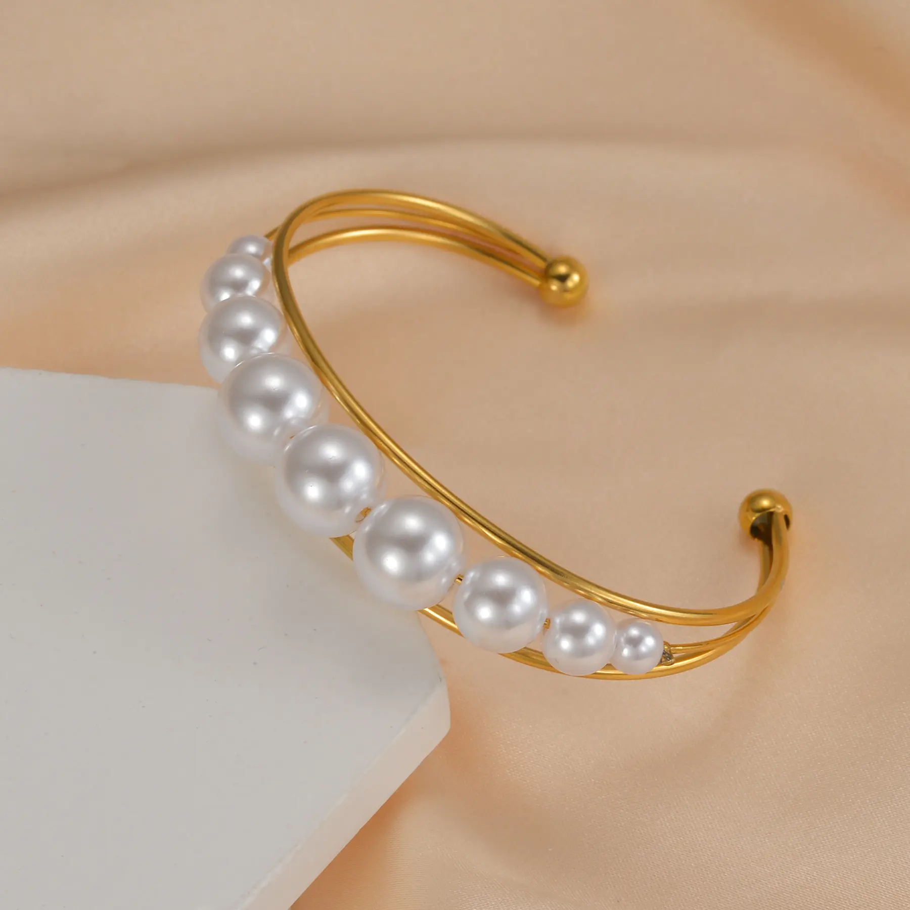 Freeteeme Exquisite Imitation Pearl Women's Bangle Stainless Steel  Open Cuff Bracelets Gold Color Jewelry Party Wedding Gifts