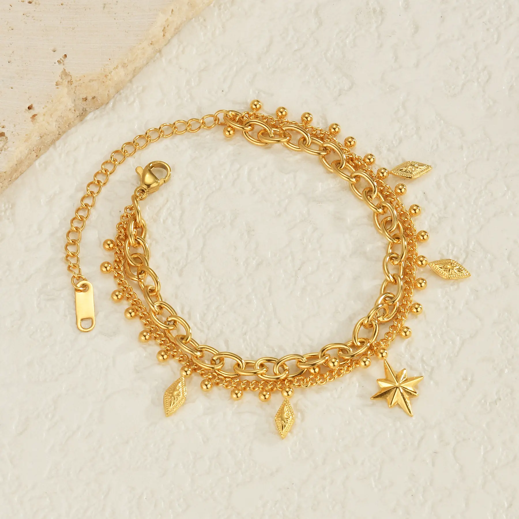 Freeteeme Popular Double Layer Bracelet for Women Geometric Octagonal Star Thick Chain Gold Color Bracelets Party Gift Jewelry