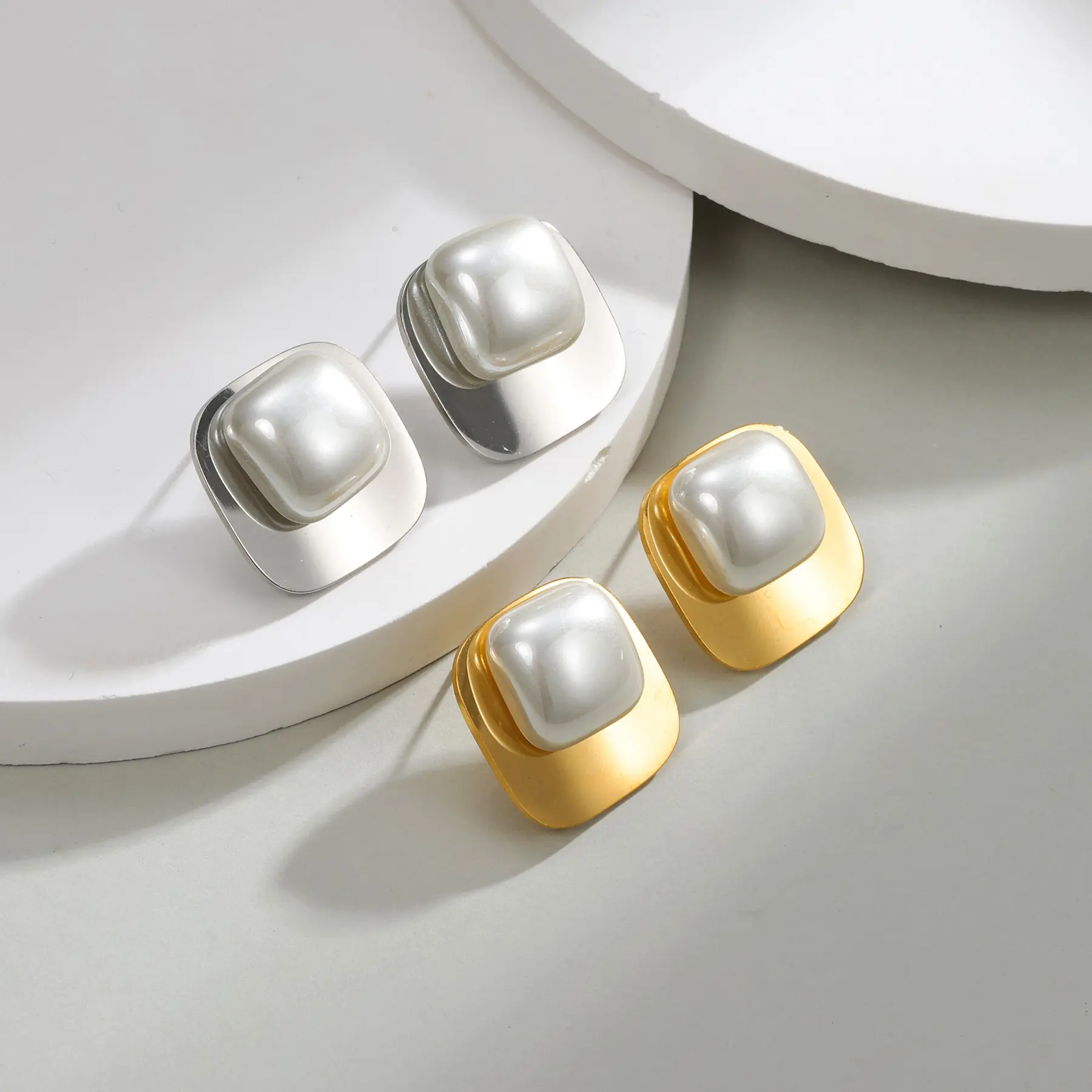Freeteeme Fahison Geometric Stud Earrings Stainless Steel Minimalist Imitation Pearl Earring for Women Daily Accessories Gifts