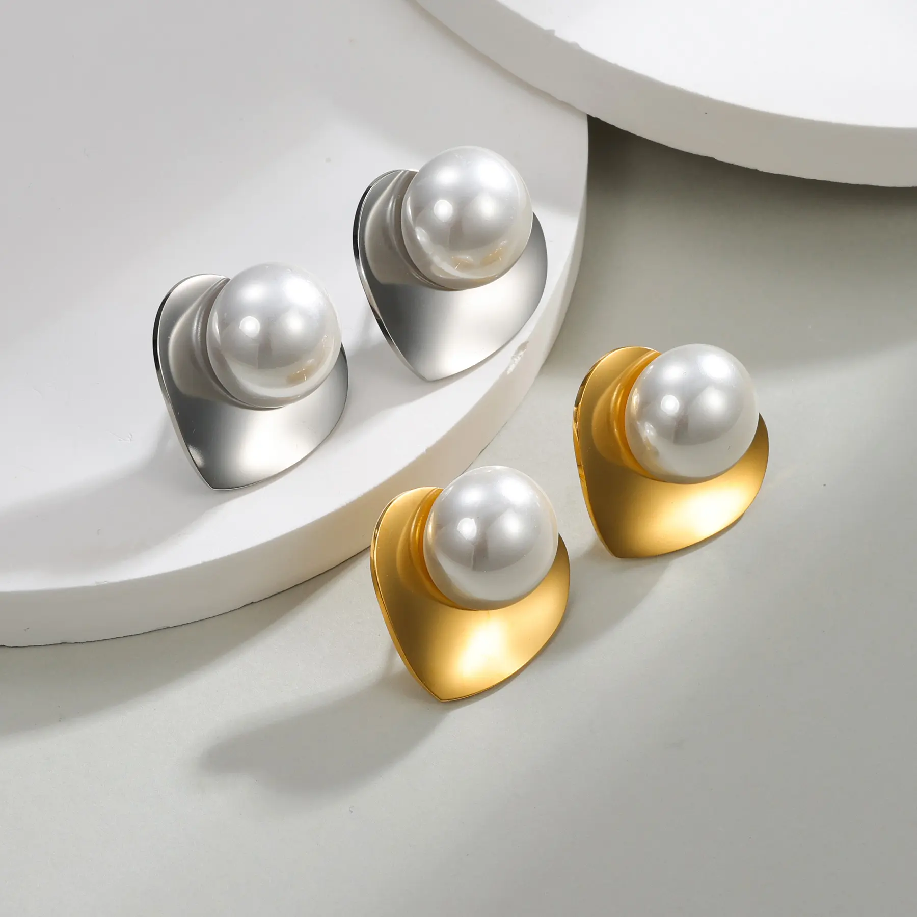 Freeteeme Fahison Geometric Stud Earrings Stainless Steel Minimalist Imitation Pearl Earring for Women Daily Accessories Gifts