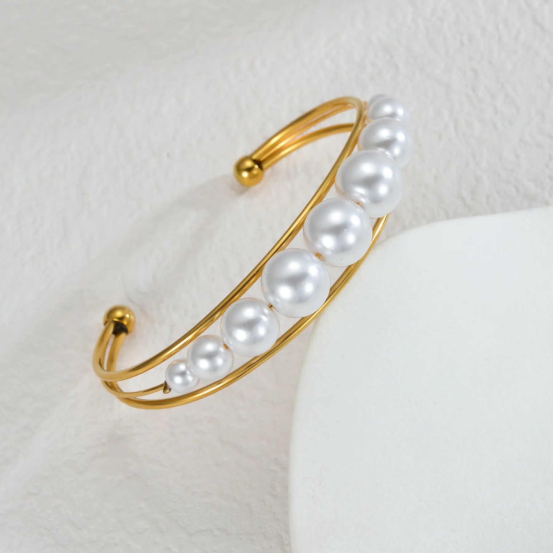 Freeteeme Exquisite Imitation Pearl Women's Bangle Stainless Steel  Open Cuff Bracelets Gold Color Jewelry Party Wedding Gifts