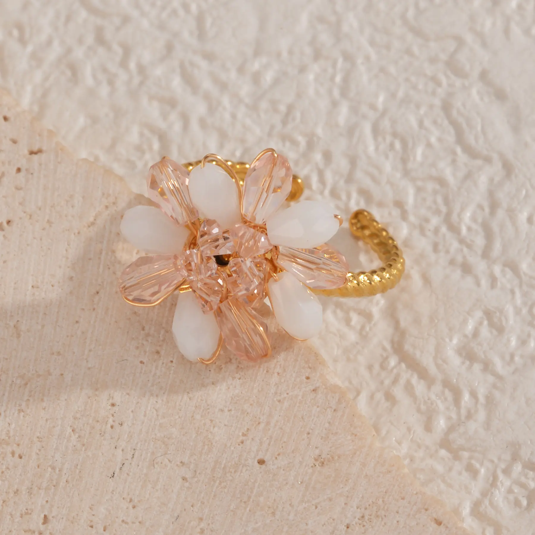 Freeteeme New Simple Beaded Flower Open Ring for Women Stainless Steel Stainless Steel Gold Color Rings Jewelry Birthday Gifts
