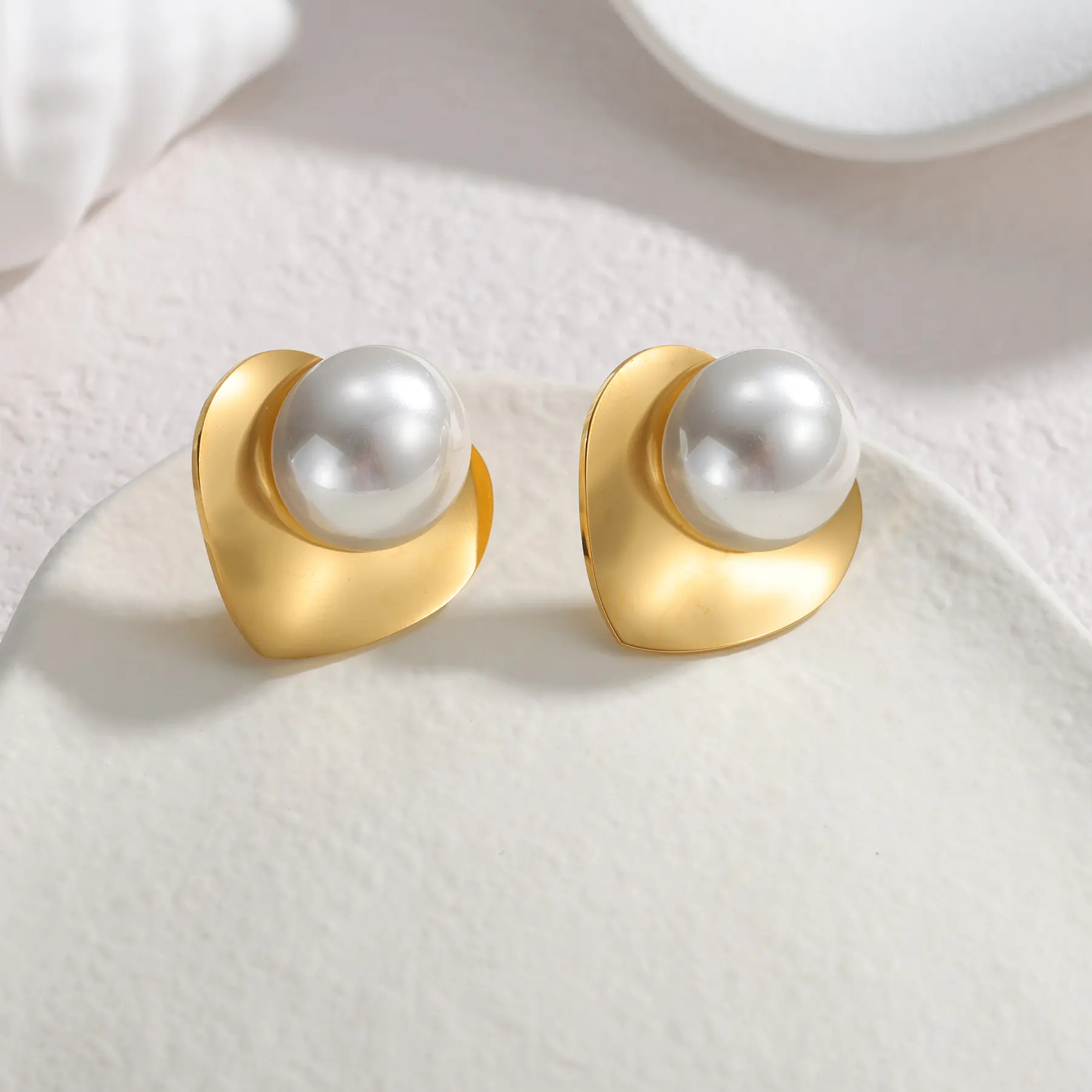 Freeteeme Fahison Geometric Stud Earrings Stainless Steel Minimalist Imitation Pearl Earring for Women Daily Accessories Gifts