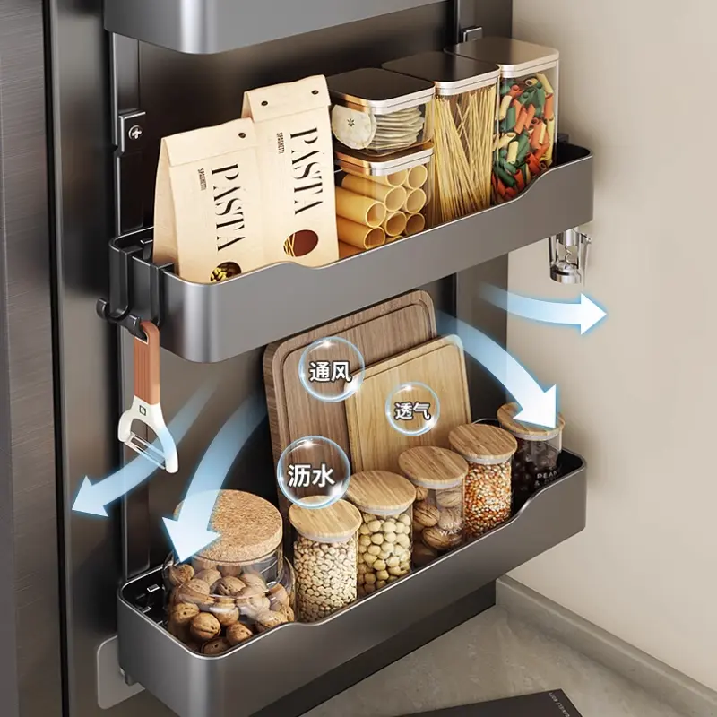 Space Saving Adjustable Kitchen Rack Multi-Functional Waterproof Hanging Shelf No Drill Installationfor Spices Cans Groceries