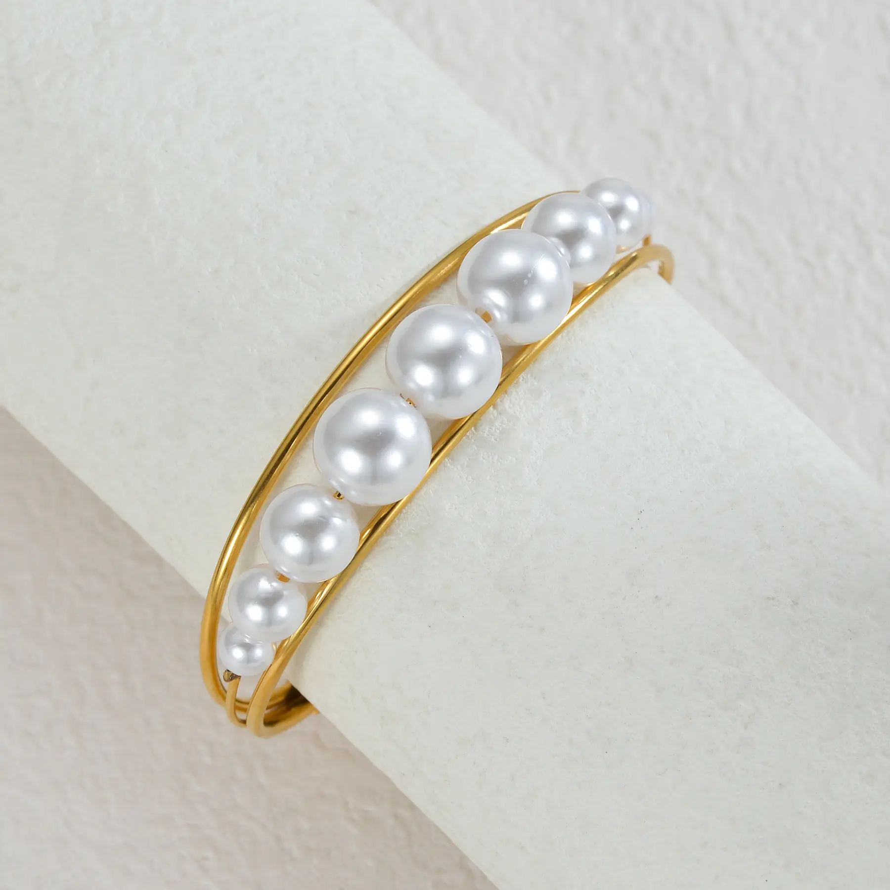 Freeteeme Exquisite Imitation Pearl Women's Bangle Stainless Steel  Open Cuff Bracelets Gold Color Jewelry Party Wedding Gifts