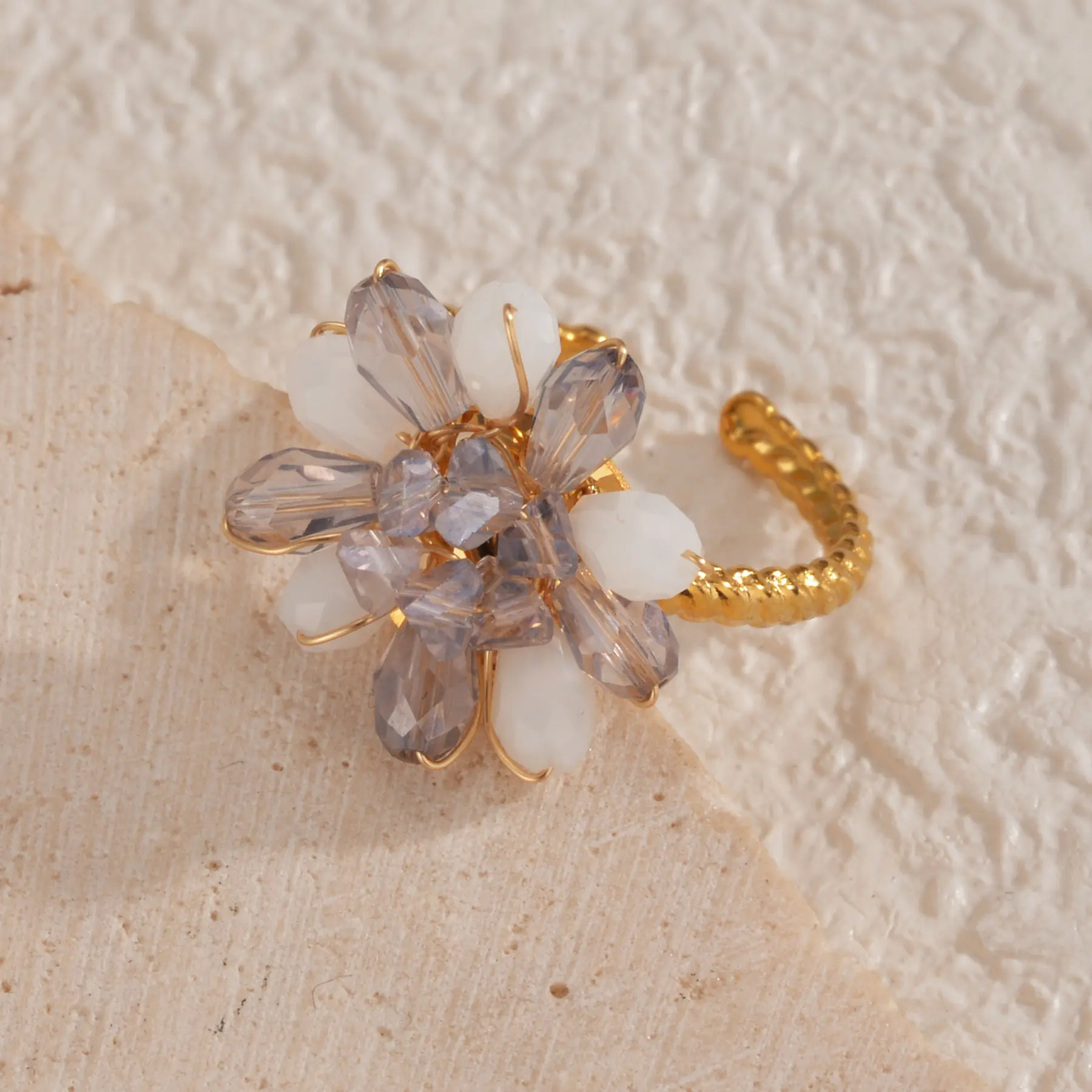 Freeteeme New Simple Beaded Flower Open Ring for Women Stainless Steel Stainless Steel Gold Color Rings Jewelry Birthday Gifts