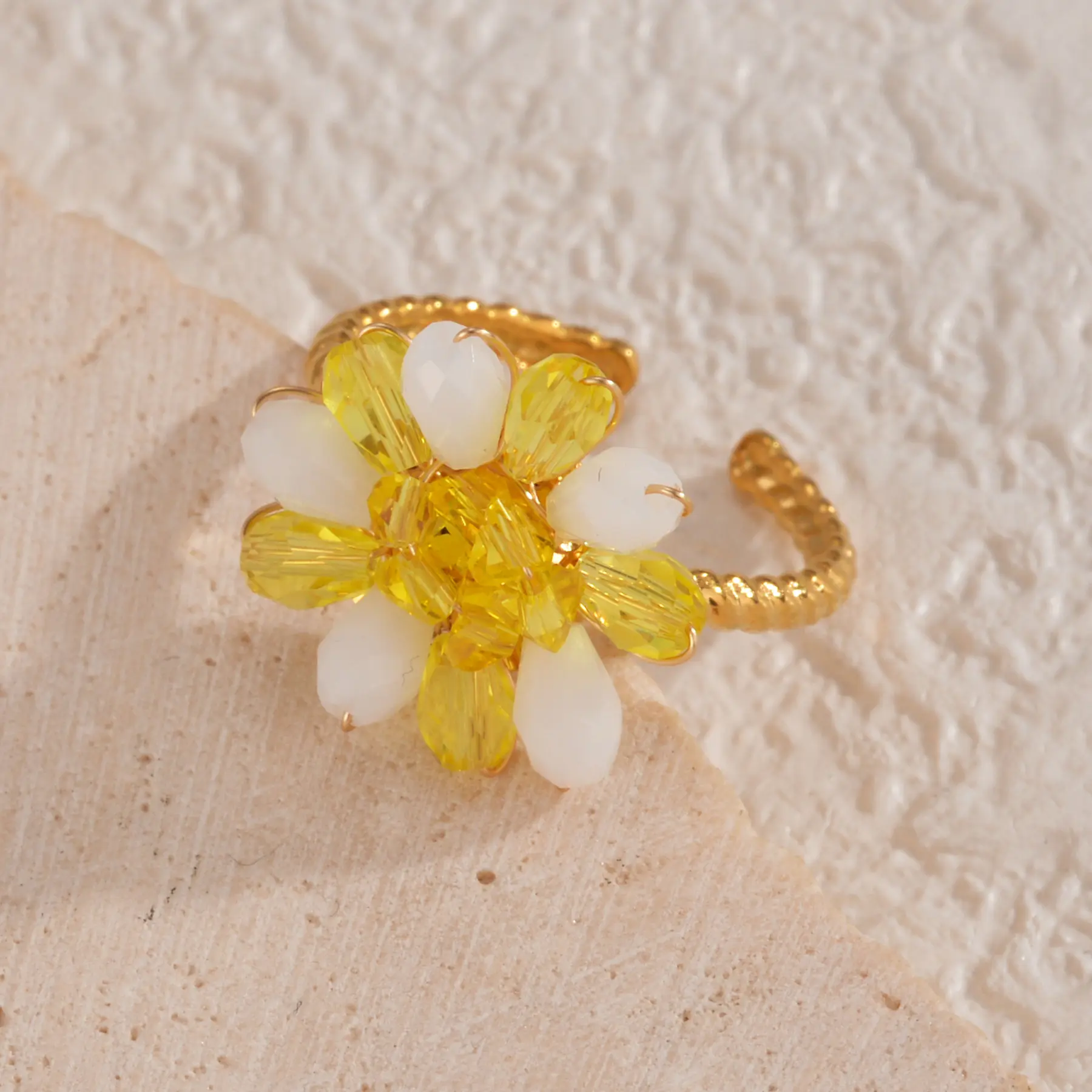 Freeteeme New Simple Beaded Flower Open Ring for Women Stainless Steel Stainless Steel Gold Color Rings Jewelry Birthday Gifts