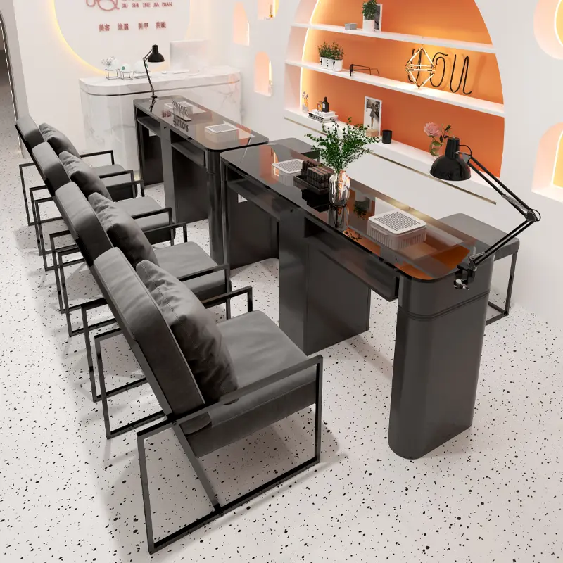 Luxury Design Black Nail Desk Chair Professionals Glass Aesthetic Nordic Nail Table Dust Collector Tavolo Unghie Salon Furniture