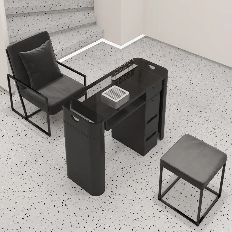Luxury Design Black Nail Desk Chair Professionals Glass Aesthetic Nordic Nail Table Dust Collector Tavolo Unghie Salon Furniture