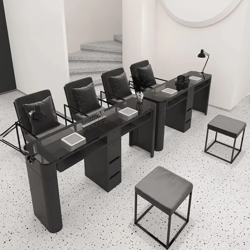 Luxury Design Black Nail Desk Chair Professionals Glass Aesthetic Nordic Nail Table Dust Collector Tavolo Unghie Salon Furniture
