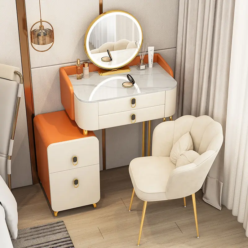 Girls Luxury Nordic Vanity Table Storage Organizer Modern Bedroom Makeup Vanity Desk Chair Mirror Schminktisch Furniture Home