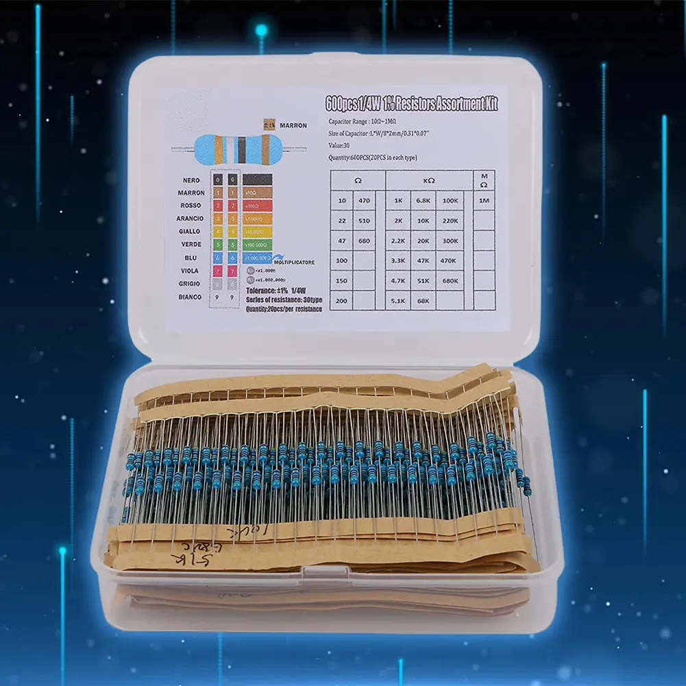 300/600pcs Metal Film Resistor Pack Assorted Kit 30 Kinds Mixed Metal Film Resistance Pack 10R-1M Resistance 1%