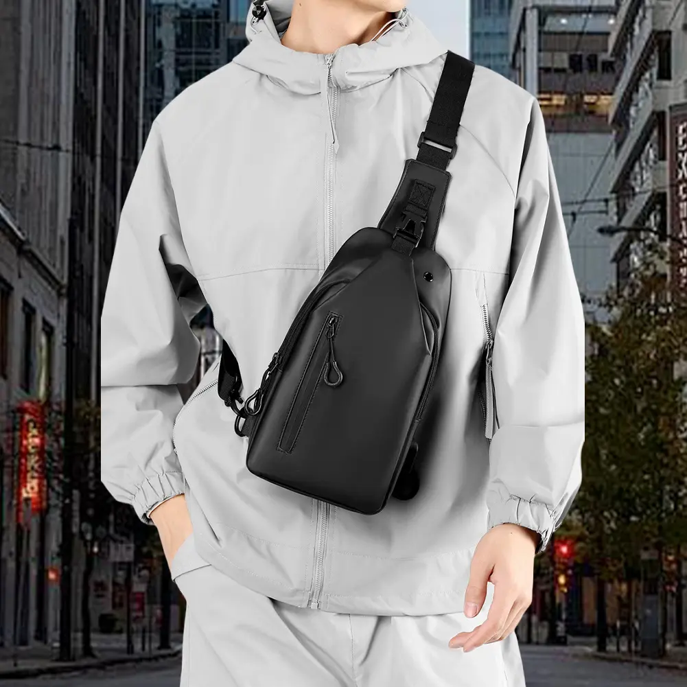 Chest Bag with USB Charging Port Waterproof Crossbody Bag PU Leather Shoulder Backpack for Men
