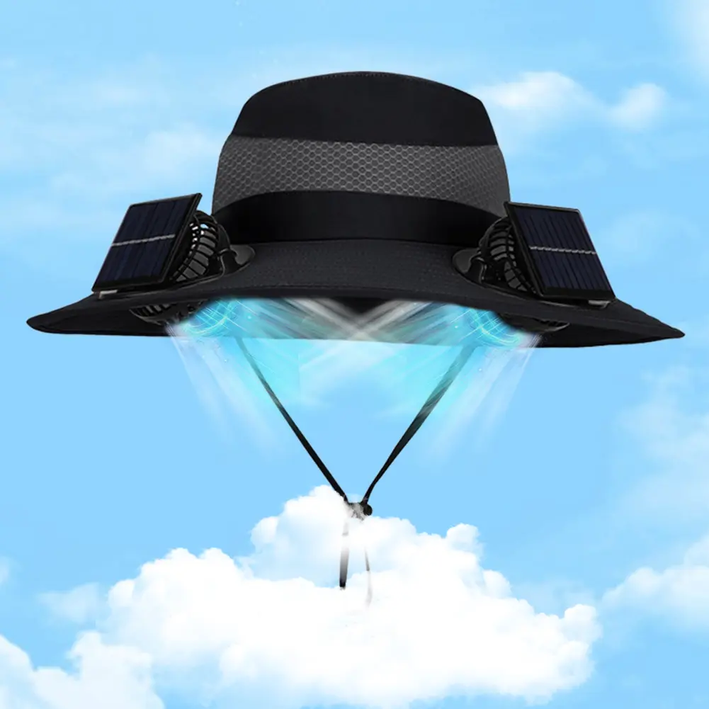 Outdoor Wide Brim Sun Hat with Solar/Charging Fan Sunshade Fishing Hat Quick-Dry Outdoor Drawstring Fishing Hat for Beach Garden