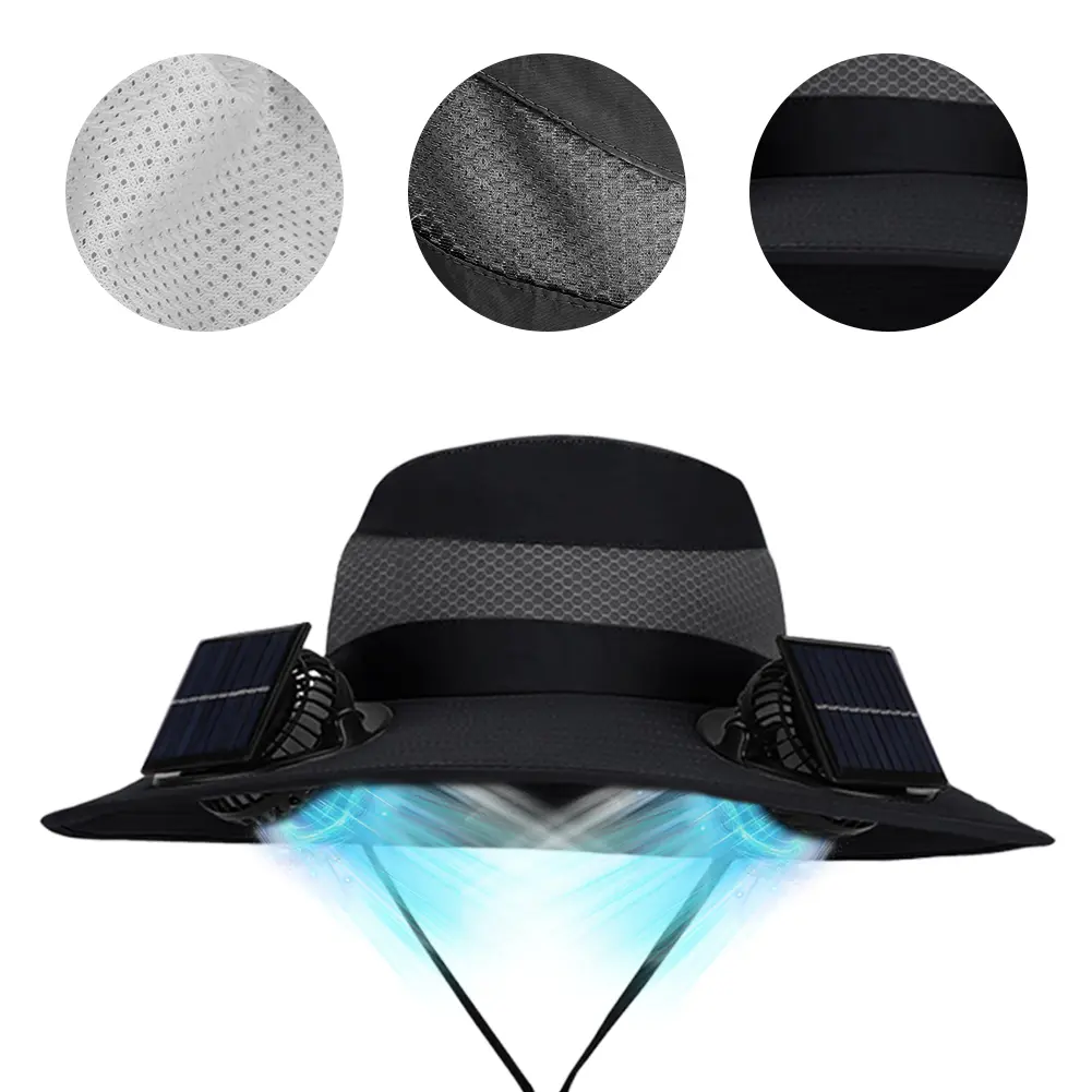 Outdoor Wide Brim Sun Hat with Solar/Charging Fan Sunshade Fishing Hat Quick-Dry Outdoor Drawstring Fishing Hat for Beach Garden