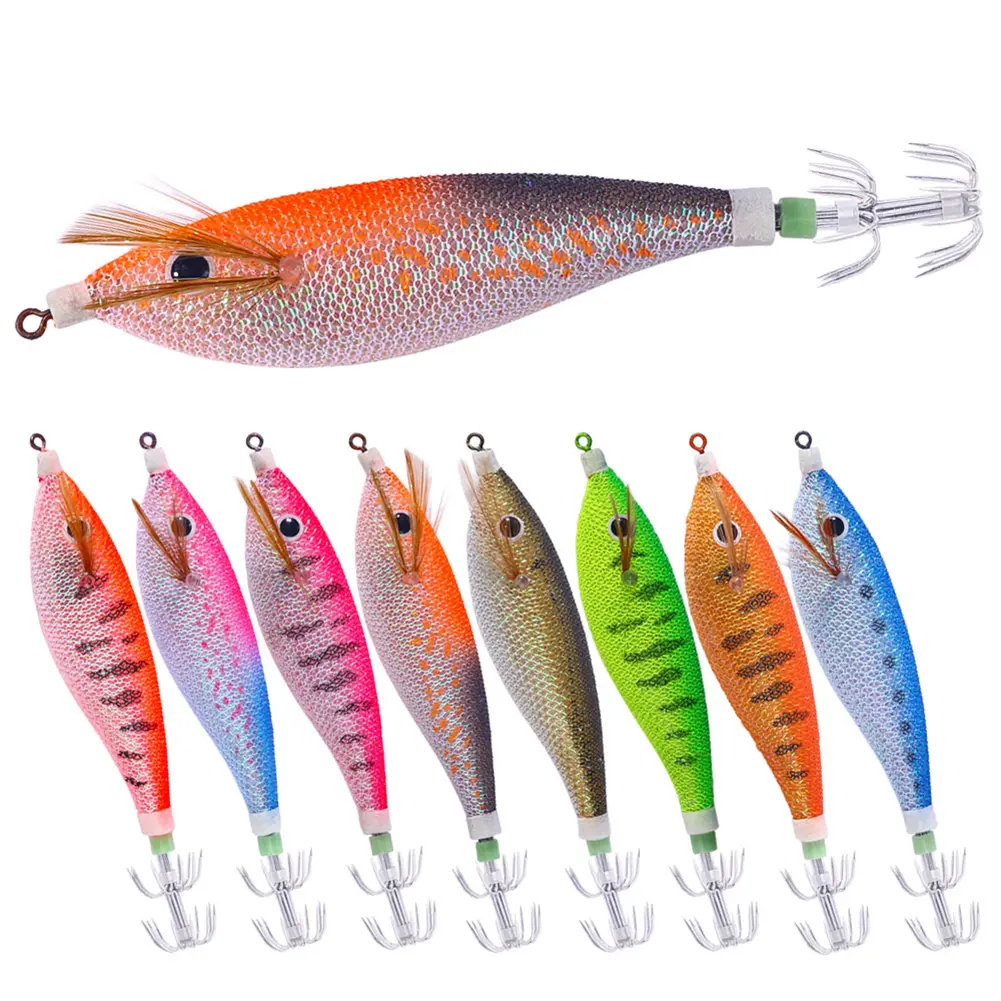 Glowing Squid Jigging Eging Wood Shrimp Hooks Horizontal Squid Trolling Lure 11CM/13.4G Octopus Bait Cuttlefish Bait for Fishing