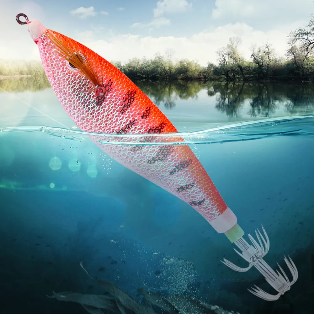 Glowing Squid Jigging Eging Wood Shrimp Hooks Horizontal Squid Trolling Lure 11CM/13.4G Octopus Bait Cuttlefish Bait for Fishing