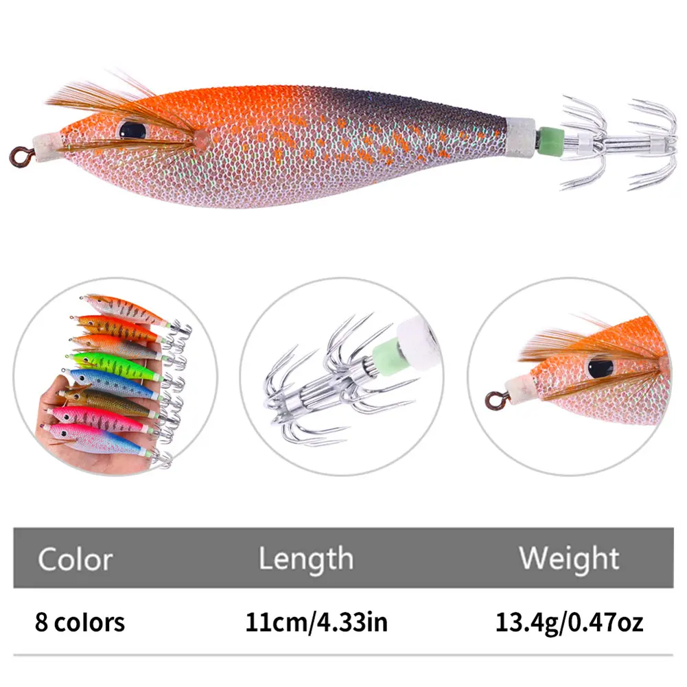 Glowing Squid Jigging Eging Wood Shrimp Hooks Horizontal Squid Trolling Lure 11CM/13.4G Octopus Bait Cuttlefish Bait for Fishing