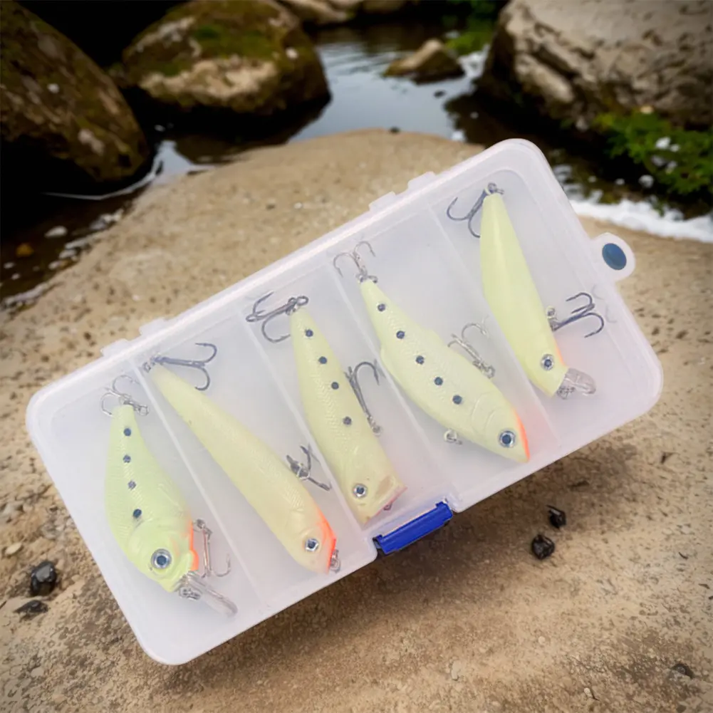 5 Pcs/Set Fishing Lures Crankbait Minnow Bait Artificial Bait Luminous Sinking Pencil Swimbait with Lure Box for Night Fishing