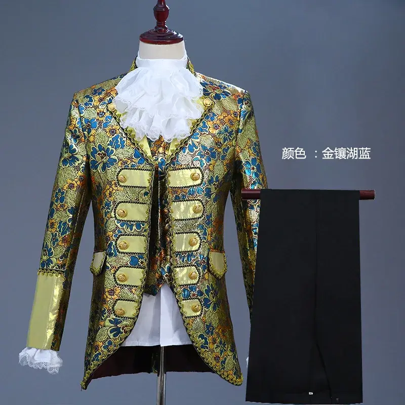 King Prince Renaissance Medieval Men Boy Cosplay Party Costume Coat+Pants+Tie+vest Full Set plus size XS-XL