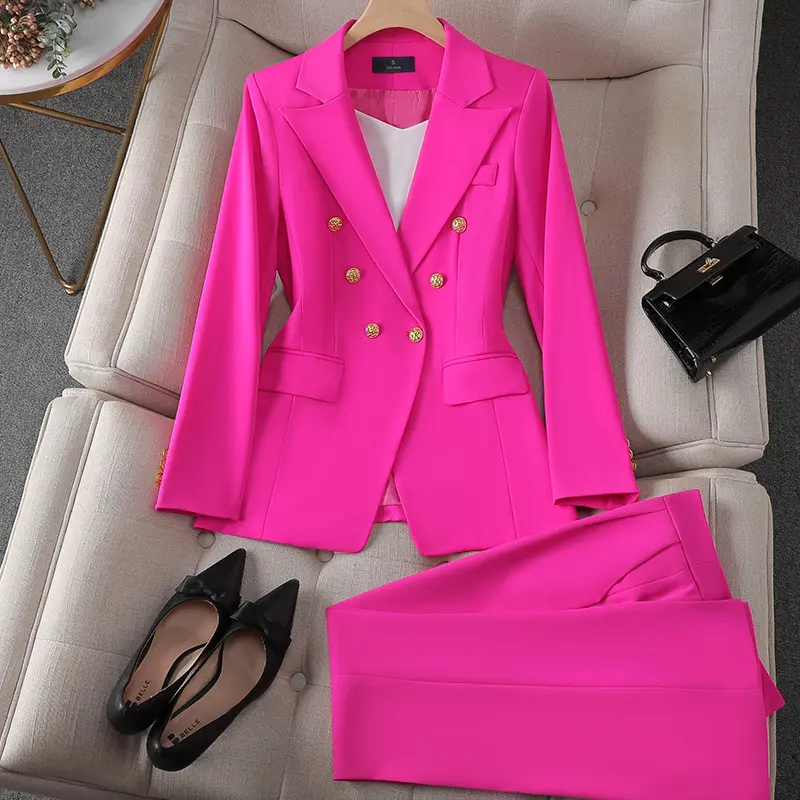 Button Decoration Formal Jacket Blazer and Trouser 2 Piece Set Fashion Pink Green Black Ladies Work Wear Pant Suit Women
