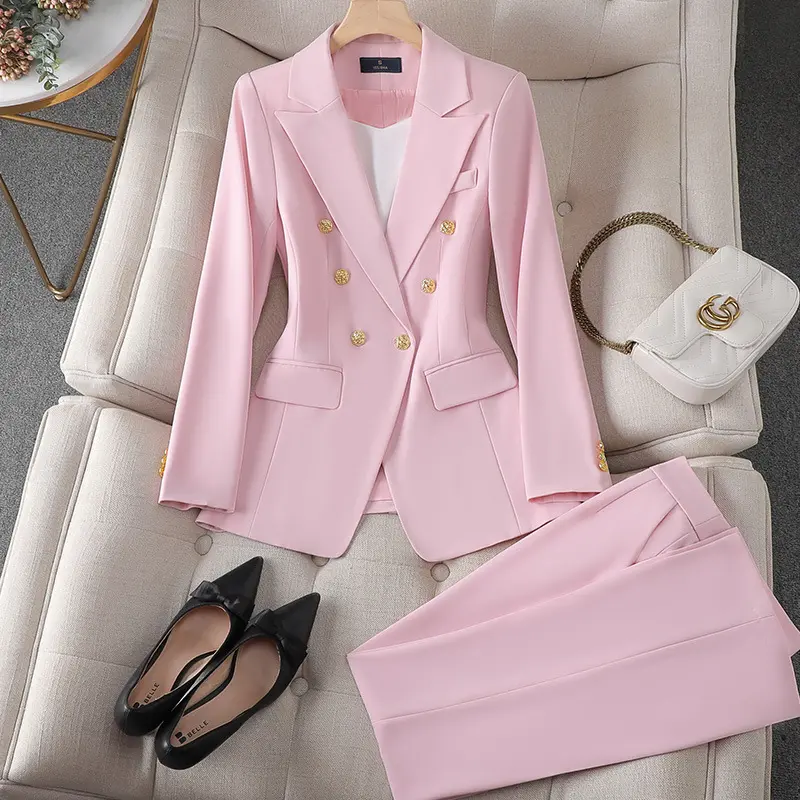 Button Decoration Formal Jacket Blazer and Trouser 2 Piece Set Fashion Pink Green Black Ladies Work Wear Pant Suit Women