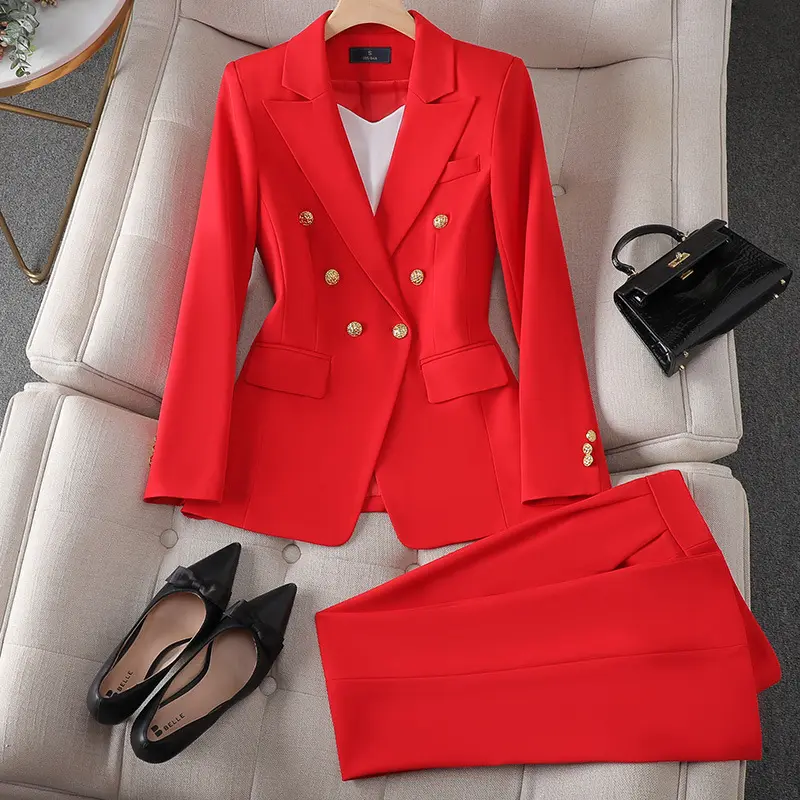Button Decoration Formal Jacket Blazer and Trouser 2 Piece Set Fashion Pink Green Black Ladies Work Wear Pant Suit Women