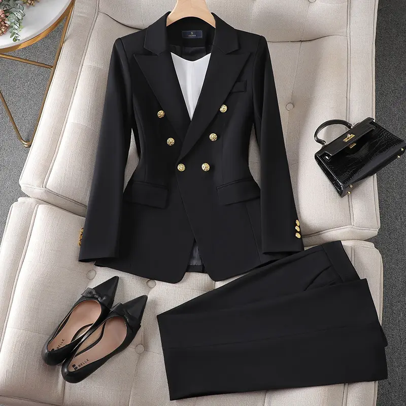 Button Decoration Formal Jacket Blazer and Trouser 2 Piece Set Fashion Pink Green Black Ladies Work Wear Pant Suit Women