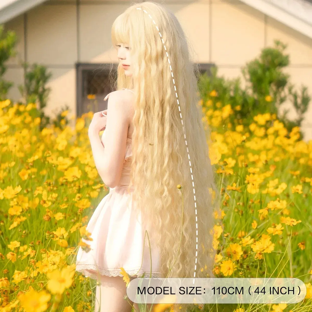 44 Inch Extra Long Blonde Cosplay Wigs With Bangs Loose Long Curly Blonde Lolita Wig Synthetic Heat Resistant Costume Wig