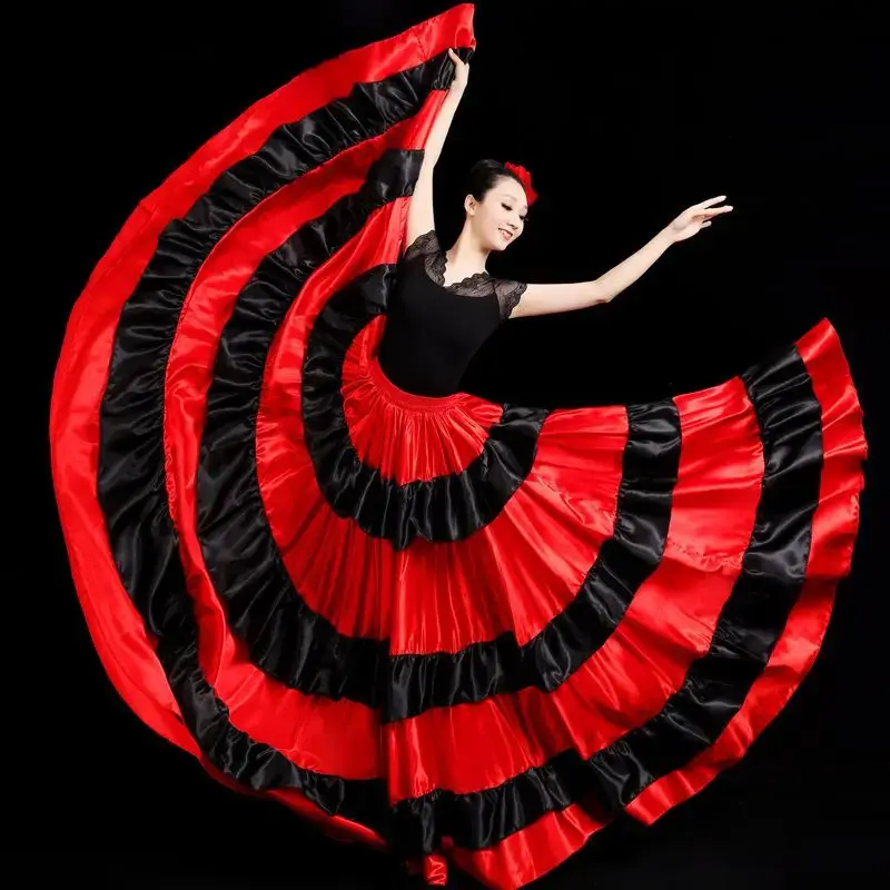 Fashion Adult Kids Gypsy Girl Women Spanish Flamenco Skirt Striped Satin Silk Big Swing Belly Dancing Red Skirt Team Performance