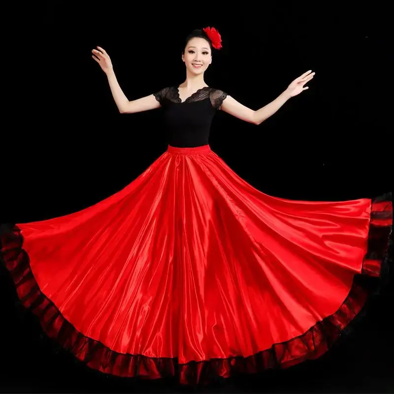 Fashion Adult Kids Gypsy Girl Women Spanish Flamenco Skirt Striped Satin Silk Big Swing Belly Dancing Red Skirt Team Performance