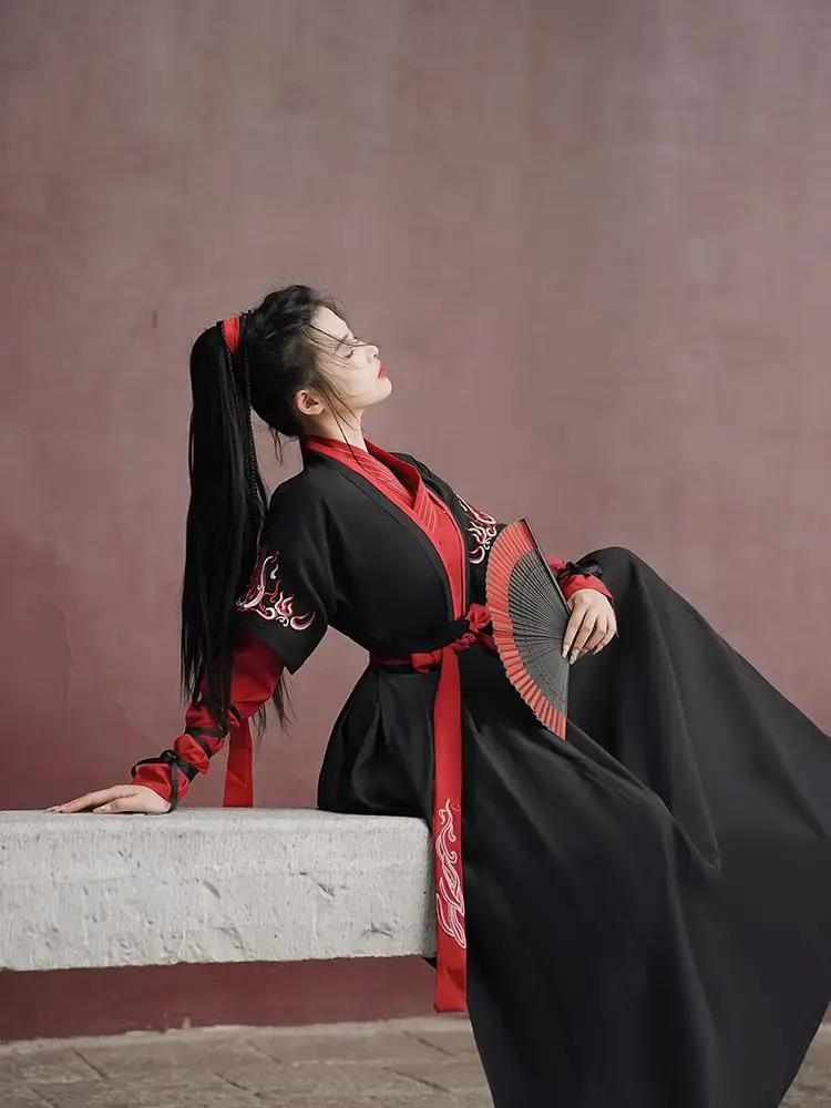 Female Chinese Style Martial Arts Hanfu WeiJin Style Costume Embroidered Clothes Chinese Folk Dance Performance Dress