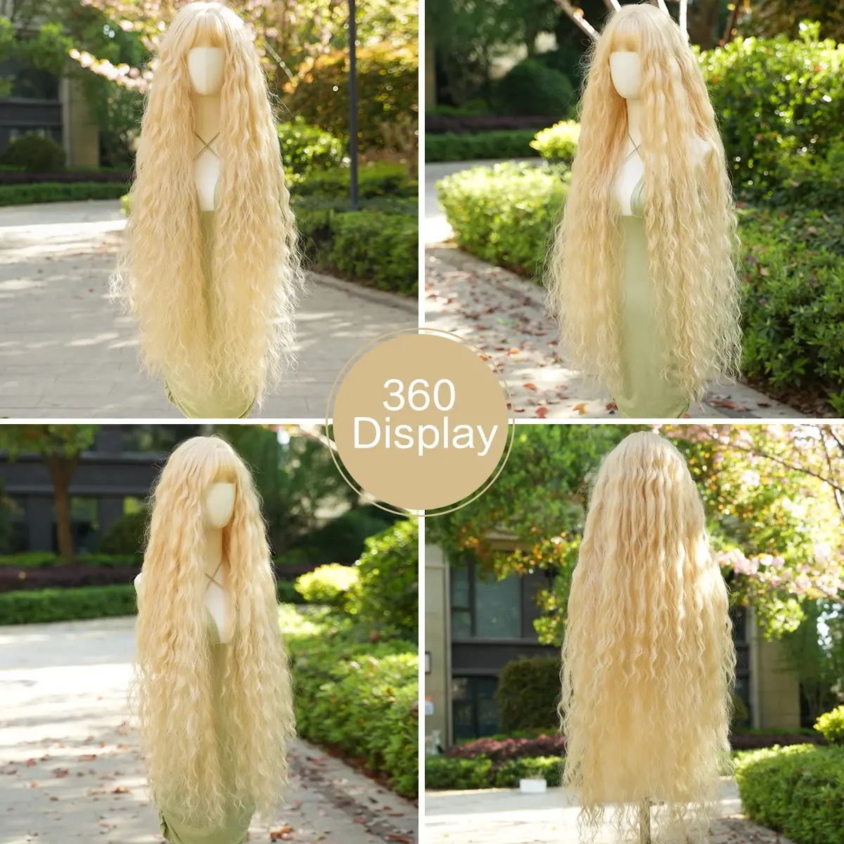 44 Inch Extra Long Blonde Cosplay Wigs With Bangs Loose Long Curly Blonde Lolita Wig Synthetic Heat Resistant Costume Wig