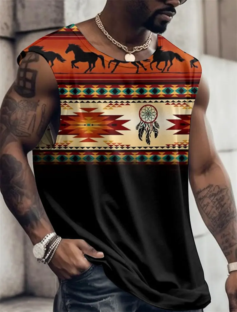 Retro Ethnic Style Graphic Tank Tops For Men Summer Casual Streetwear 3D Printed Sleeveless Vest Loose Vintage Breathable Tops
