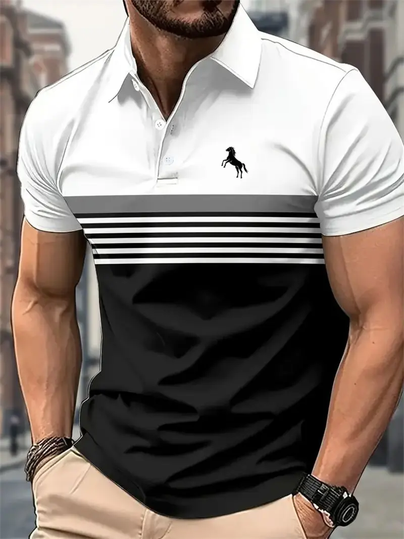 Simple Horse Stripe Graphic Polo Shirts For Men Trend Summer Personality 3D Printed Polo Shirt Cool Streetwear Oversized Tops