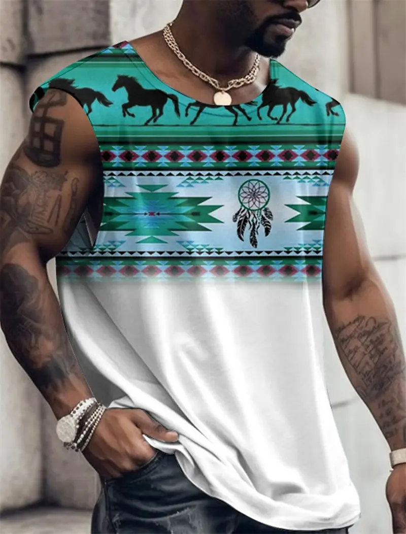 Retro Ethnic Style Graphic Tank Tops For Men Summer Casual Streetwear 3D Printed Sleeveless Vest Loose Vintage Breathable Tops